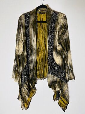 CATIVA Olive Mixed Media Open Cardigan XL Asymmetric Hem Lace Boho Lagenlook